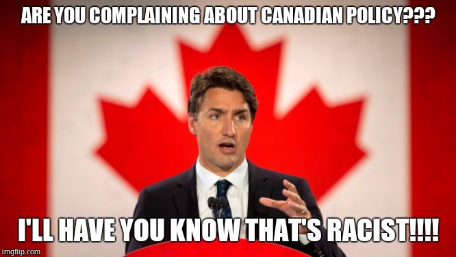 Justin Trudeau | ARE YOU COMPLAINING ABOUT CANADIAN POLICY??? I'LL HAVE YOU KNOW THAT'S RACIST!!!! | image tagged in justin trudeau | made w/ Imgflip meme maker