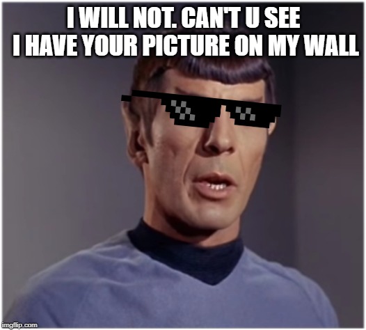 spock speaks | I WILL NOT. CAN'T U SEE I HAVE YOUR PICTURE ON MY WALL | image tagged in spock speaks | made w/ Imgflip meme maker