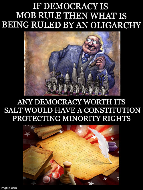 After Seeing This Parroted Argument So Many Times I'm Tired of It and This Is What I Have to Say | IF DEMOCRACY IS MOB RULE THEN WHAT IS BEING RULED BY AN OLIGARCHY; ANY DEMOCRACY WORTH ITS SALT WOULD HAVE A CONSTITUTION PROTECTING MINORITY RIGHTS | image tagged in democracy,mob rule,oligarchy,constitution,minority rights | made w/ Imgflip meme maker