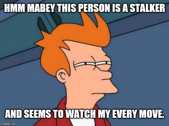 Futurama Fry | HMM MABEY THIS PERSON IS A STALKER; AND SEEMS TO WATCH MY EVERY MOVE. | image tagged in memes,futurama fry | made w/ Imgflip meme maker