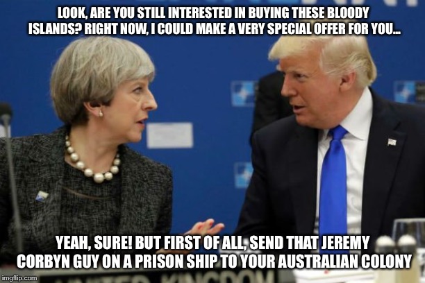 In stead of Brexit | LOOK, ARE YOU STILL INTERESTED IN BUYING THESE BLOODY ISLANDS? RIGHT NOW, I COULD MAKE A VERY SPECIAL OFFER FOR YOU... YEAH, SURE! BUT FIRST OF ALL, SEND THAT JEREMY CORBYN GUY ON A PRISON SHIP TO YOUR AUSTRALIAN COLONY | image tagged in theresa may,donald trump | made w/ Imgflip meme maker