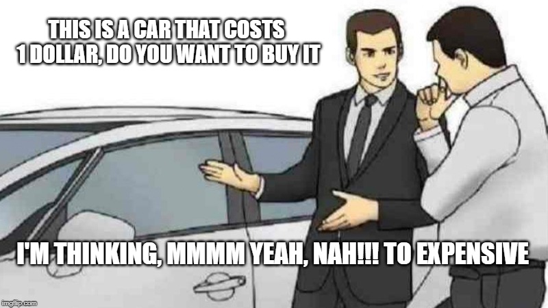 Car Salesman Slaps Roof Of Car | THIS IS A CAR THAT COSTS 1 DOLLAR, DO YOU WANT TO BUY IT; I'M THINKING, MMMM YEAH, NAH!!! TO EXPENSIVE | image tagged in memes,car salesman slaps roof of car | made w/ Imgflip meme maker
