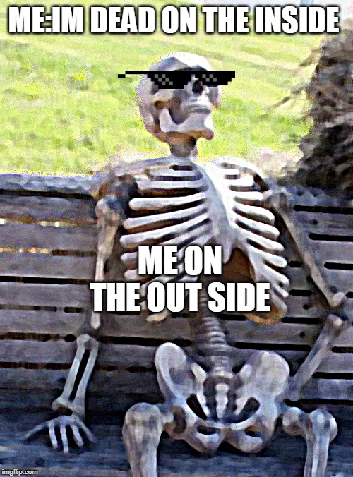 Waiting Skeleton Meme | ME:IM DEAD ON THE INSIDE; ME ON THE OUT SIDE | image tagged in memes,waiting skeleton | made w/ Imgflip meme maker