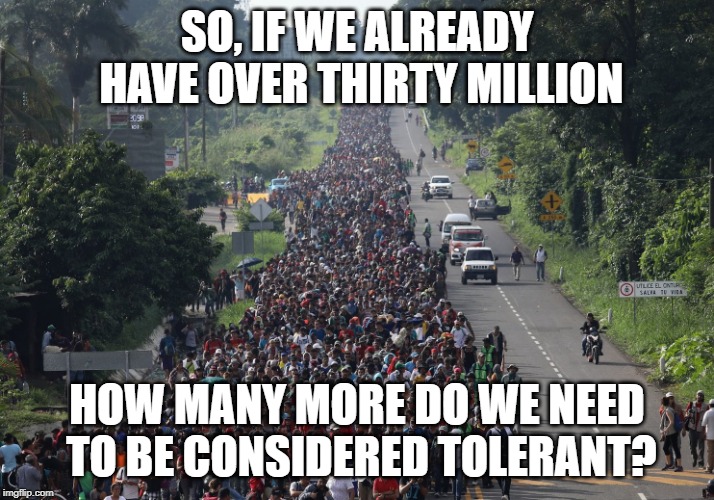Migrant Caravan | SO, IF WE ALREADY HAVE OVER THIRTY MILLION; HOW MANY MORE DO WE NEED TO BE CONSIDERED TOLERANT? | image tagged in migrant caravan | made w/ Imgflip meme maker