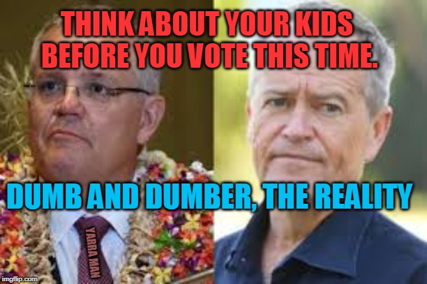 THINK ABOUT YOUR KIDS BEFORE YOU VOTE THIS TIME. DUMB AND DUMBER, THE REALITY; YARRA MAN | image tagged in australian election 2019 | made w/ Imgflip meme maker