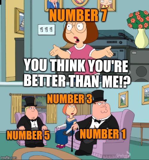 Meg Family Guy Better than me | NUMBER 7; YOU THINK YOU'RE BETTER THAN ME!? NUMBER 3; NUMBER 1; NUMBER 5 | image tagged in meg family guy better than me | made w/ Imgflip meme maker