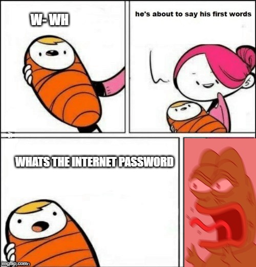 baby first words | W- WH; WHATS THE INTERNET PASSWORD | image tagged in baby first words | made w/ Imgflip meme maker