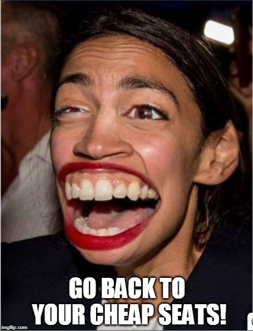 She's the boss now | GO BACK TO YOUR CHEAP SEATS! | image tagged in crazy alexandria ocasio-cortez | made w/ Imgflip meme maker