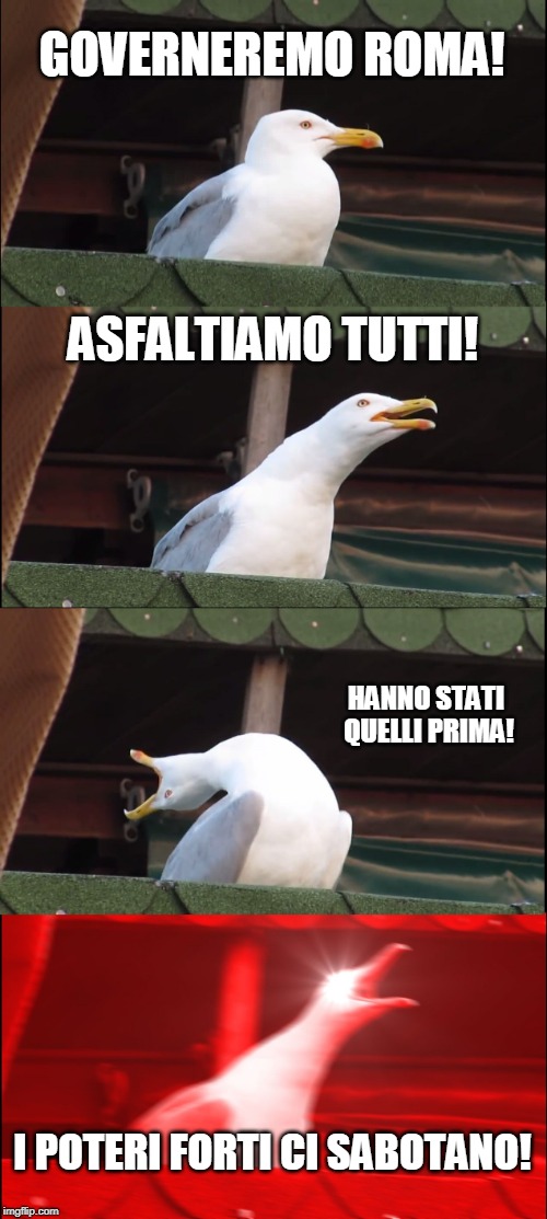 Inhaling Seagull Meme | GOVERNEREMO ROMA! ASFALTIAMO TUTTI! HANNO STATI QUELLI PRIMA! I POTERI FORTI CI SABOTANO! | image tagged in memes,inhaling seagull | made w/ Imgflip meme maker