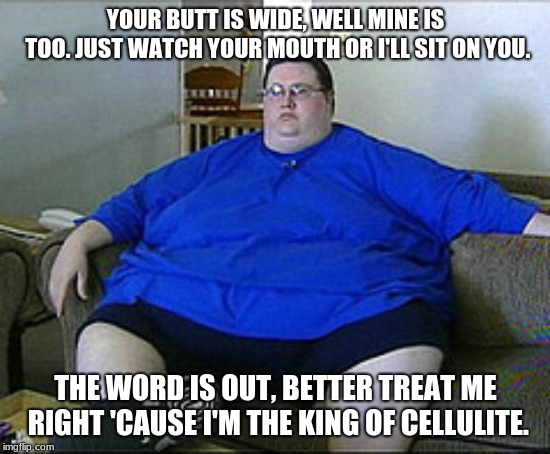 I'm fat, i'm fat. You know it! You know it! | YOUR BUTT IS WIDE, WELL MINE IS TOO.
JUST WATCH YOUR MOUTH OR I'LL SIT ON YOU. THE WORD IS OUT, BETTER TREAT ME RIGHT
'CAUSE I'M THE KING OF CELLULITE. | image tagged in fat guy,weird al yankovic | made w/ Imgflip meme maker