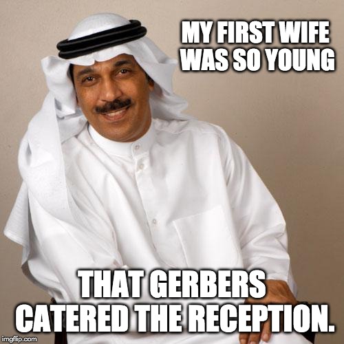 arab | MY FIRST WIFE WAS SO YOUNG; THAT GERBERS CATERED THE RECEPTION. | image tagged in arab | made w/ Imgflip meme maker