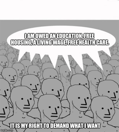 we are the borg you will be assimilated resistance is futile | I AM OWED AN EDUCATION, FREE HOUSING, A LIVING WAGE, FREE HEALTH CARE. IT IS MY RIGHT TO DEMAND WHAT I WANT | image tagged in npcprogramscreed,borg,democrat drones,do not think,obey,socialism | made w/ Imgflip meme maker