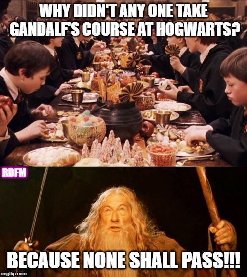 WHY DIDN'T ANY ONE TAKE GANDALF'S COURSE AT HOGWARTS? RDFM; BECAUSE NONE SHALL PASS!!! | image tagged in harry potter feast | made w/ Imgflip meme maker