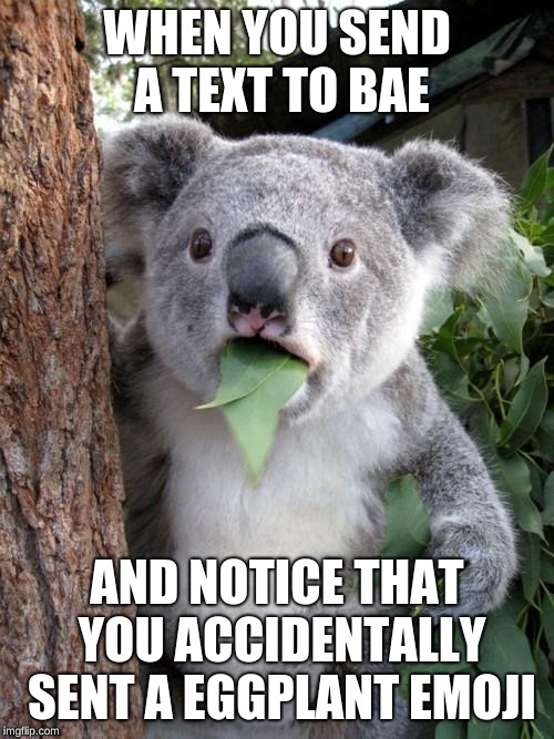 Surprised Koala | WHEN YOU SEND A TEXT TO BAE; AND NOTICE THAT YOU ACCIDENTALLY SENT A EGGPLANT EMOJI | image tagged in memes,surprised koala | made w/ Imgflip meme maker