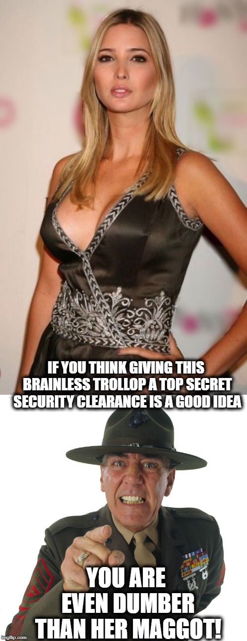 Top Secret Clearance, despite objections of everyone in the know | IF YOU THINK GIVING THIS BRAINLESS TROLLOP A TOP SECRET SECURITY CLEARANCE IS A GOOD IDEA; YOU ARE EVEN DUMBER THAN HER MAGGOT! | image tagged in ermy,memes,politics,maga,impeach trump,liar | made w/ Imgflip meme maker