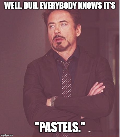 Face You Make Robert Downey Jr Meme | WELL, DUH, EVERYBODY KNOWS IT'S "PASTELS." | image tagged in memes,face you make robert downey jr | made w/ Imgflip meme maker