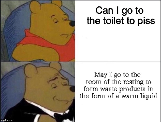 Tuxedo Winnie The Pooh | Can I go to the toilet to piss; May I go to the room of the resting to form waste products in the form of a warm liquid | image tagged in winnie the pooh template | made w/ Imgflip meme maker