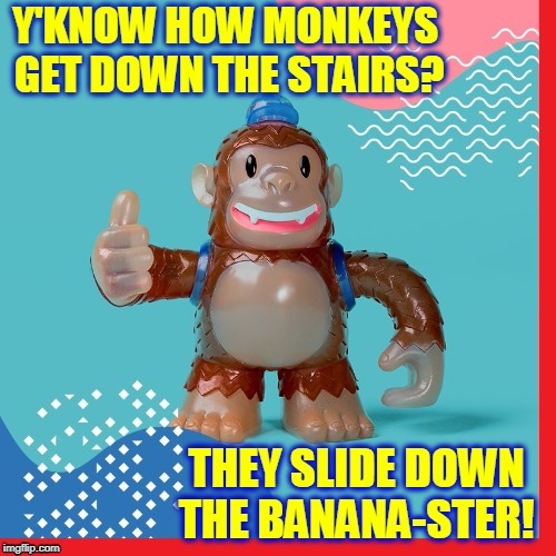 Monkeyshines with Chi-Chi the Chimp | THE SLIDE DOWN THE BANANA-STER; Y'KNOW HOW MONKEYS GET DOWN THE STAIRS? | image tagged in vince vance,toy monkey,stairs,monkeys,bananas,jokes | made w/ Imgflip meme maker