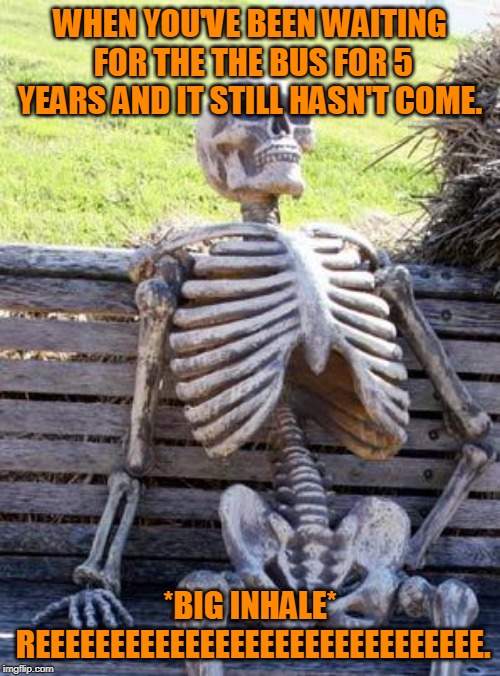 Waiting Skeleton Meme | WHEN YOU'VE BEEN WAITING FOR THE THE BUS FOR 5 YEARS AND IT STILL HASN'T COME. *BIG INHALE* REEEEEEEEEEEEEEEEEEEEEEEEEEEEEE. | image tagged in memes,waiting skeleton | made w/ Imgflip meme maker