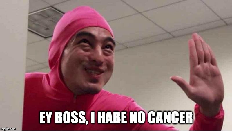 ey boss filthy frank pink guy | EY BOSS, I HABE NO CANCER | image tagged in ey boss filthy frank pink guy | made w/ Imgflip meme maker