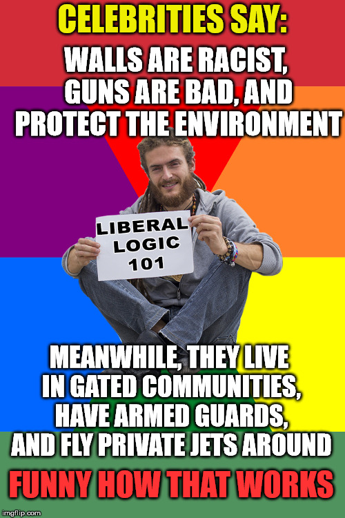 Hypocrisy much? | CELEBRITIES SAY:; WALLS ARE RACIST, GUNS ARE BAD, AND PROTECT THE ENVIRONMENT; MEANWHILE, THEY LIVE IN GATED COMMUNITIES, HAVE ARMED GUARDS, AND FLY PRIVATE JETS AROUND; FUNNY HOW THAT WORKS | image tagged in liberal logic | made w/ Imgflip meme maker