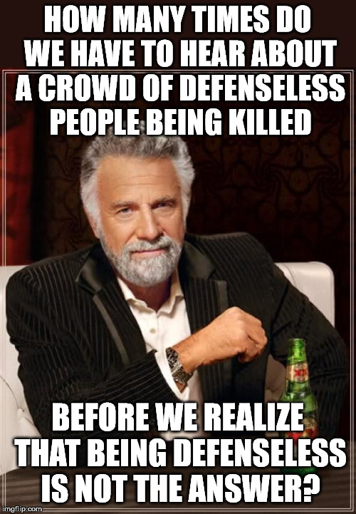 The Most Interesting Man In The World | HOW MANY TIMES DO WE HAVE TO HEAR ABOUT A CROWD OF DEFENSELESS PEOPLE BEING KILLED; BEFORE WE REALIZE THAT BEING DEFENSELESS IS NOT THE ANSWER? | image tagged in memes,the most interesting man in the world | made w/ Imgflip meme maker