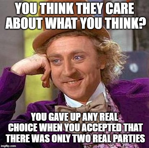Creepy Condescending Wonka Meme | YOU THINK THEY CARE ABOUT WHAT YOU THINK? YOU GAVE UP ANY REAL CHOICE WHEN YOU ACCEPTED THAT THERE WAS ONLY TWO REAL PARTIES | image tagged in memes,creepy condescending wonka | made w/ Imgflip meme maker