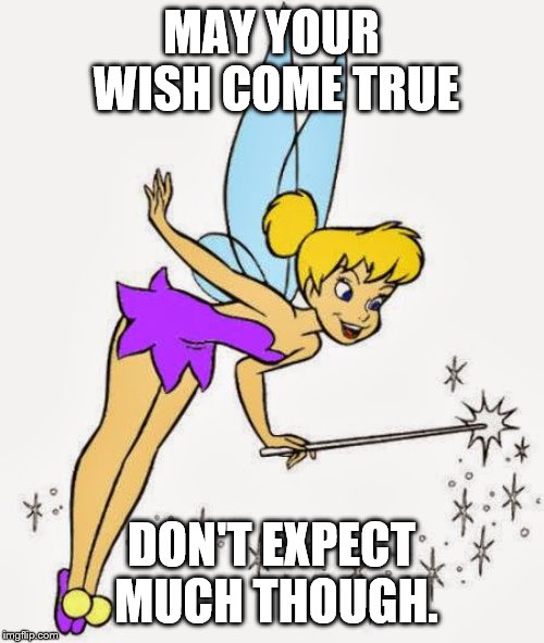 Tinkerbell | MAY YOUR WISH COME TRUE DON'T EXPECT MUCH THOUGH. | image tagged in tinkerbell | made w/ Imgflip meme maker