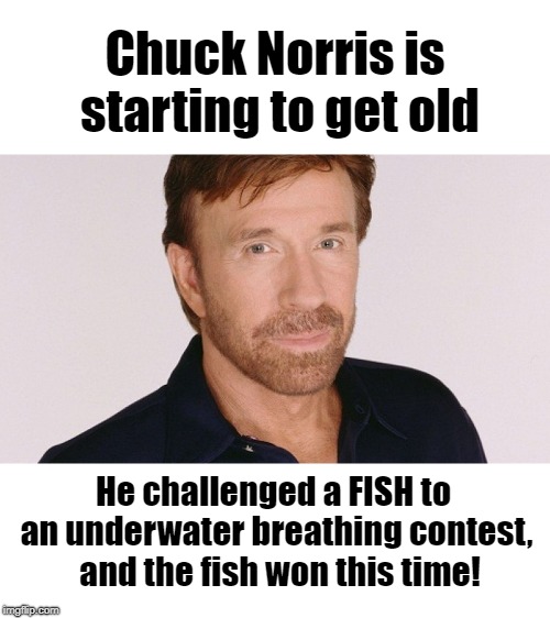Not by much, but it still won! | Chuck Norris is starting to get old; He challenged a FISH to an underwater breathing contest,  and the fish won this time! | image tagged in chuck norris,age,humour,lol | made w/ Imgflip meme maker