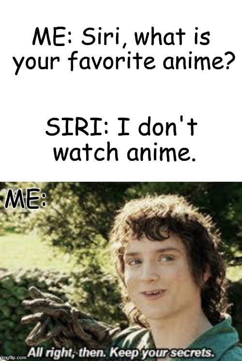 Siri Doesn't Watch Anime -_- | ME: Siri, what is your favorite anime? SIRI: I don't watch anime. ME: | image tagged in blank white template,all right then keep your secrets,siri,anime,memes | made w/ Imgflip meme maker