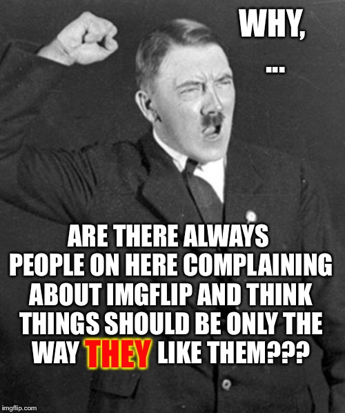 Angry Hitler | WHY, ... ARE THERE ALWAYS PEOPLE ON HERE COMPLAINING ABOUT IMGFLIP AND THINK THINGS SHOULD BE ONLY THE WAY                LIKE THEM??? THEY | image tagged in angry hitler | made w/ Imgflip meme maker