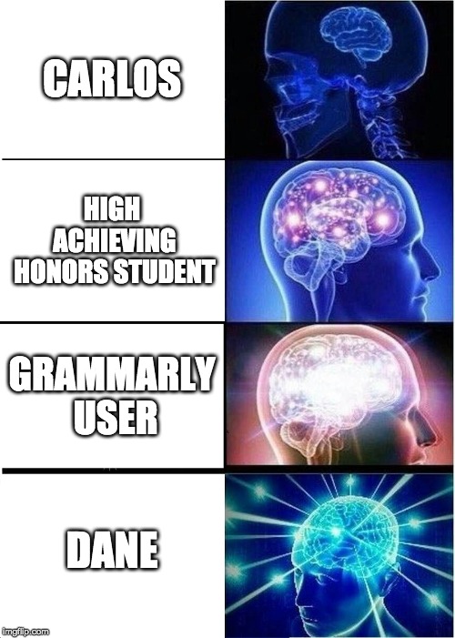 Expanding Brain Meme | CARLOS; HIGH ACHIEVING HONORS STUDENT; GRAMMARLY USER; DANE | image tagged in memes,expanding brain | made w/ Imgflip meme maker