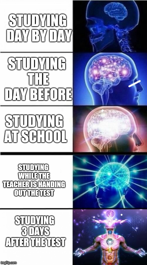 Expanding Brain Meme | STUDYING DAY BY DAY; STUDYING THE DAY BEFORE; STUDYING AT SCHOOL; STUDYING WHILE THE TEACHER IS HANDING OUT THE TEST; STUDYING 3 DAYS AFTER THE TEST | image tagged in expanding brain meme | made w/ Imgflip meme maker