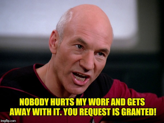 NOBODY HURTS MY WORF AND GETS AWAY WITH IT. YOU REQUEST IS GRANTED! | made w/ Imgflip meme maker
