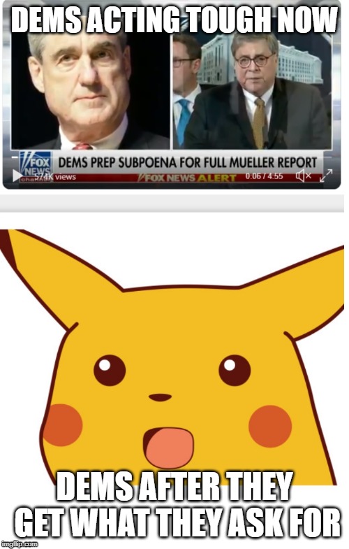 DEM SURPRISE | DEMS ACTING TOUGH NOW; DEMS AFTER THEY GET WHAT THEY ASK FOR | image tagged in robert mueller | made w/ Imgflip meme maker