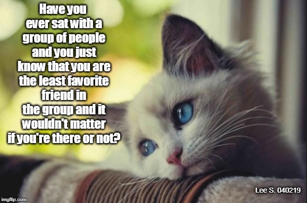 Sad Cat | Have you ever sat with a group of people and you just know that you are the least favorite friend in the group and it wouldn't matter if you're there or not? Lee S. 040219 | image tagged in sad cat,alone,group,not loved | made w/ Imgflip meme maker