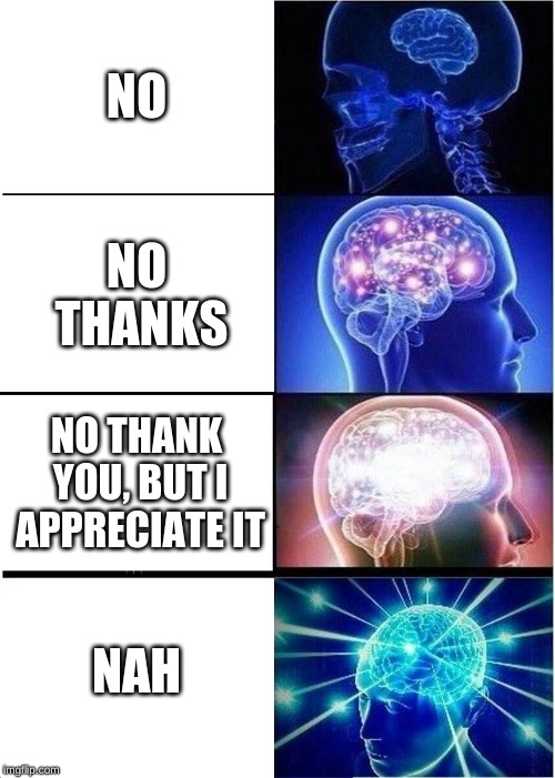 Expanding Brain | NO; NO THANKS; NO THANK YOU, BUT I APPRECIATE IT; NAH | image tagged in memes,expanding brain | made w/ Imgflip meme maker