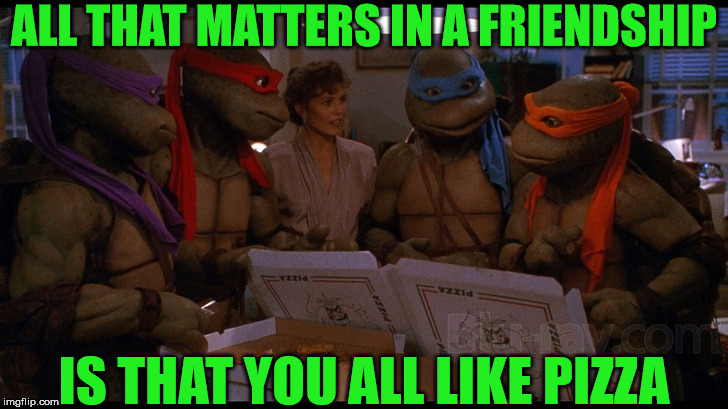 Pizza Lovers | ALL THAT MATTERS IN A FRIENDSHIP; IS THAT YOU ALL LIKE PIZZA | image tagged in teenage mutant ninja turtles,memes,pizza,friends,what if i told you | made w/ Imgflip meme maker