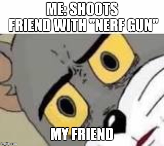 Unsetteled Tom |  ME: SHOOTS FRIEND WITH "NERF GUN"; MY FRIEND | image tagged in unsetteled tom | made w/ Imgflip meme maker