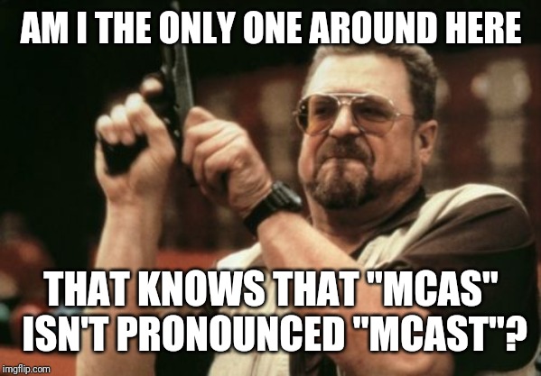 That actually really bugs me | AM I THE ONLY ONE AROUND HERE; THAT KNOWS THAT "MCAS" ISN'T PRONOUNCED "MCAST"? | image tagged in memes,am i the only one around here,mcas,mcast,it's mcas not mcast | made w/ Imgflip meme maker