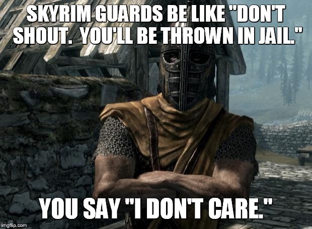 Skyrim guards be like | SKYRIM GUARDS BE LIKE "DON'T SHOUT.  YOU'LL BE THROWN IN JAIL."; YOU SAY "I DON'T CARE." | image tagged in skyrim guards be like | made w/ Imgflip meme maker
