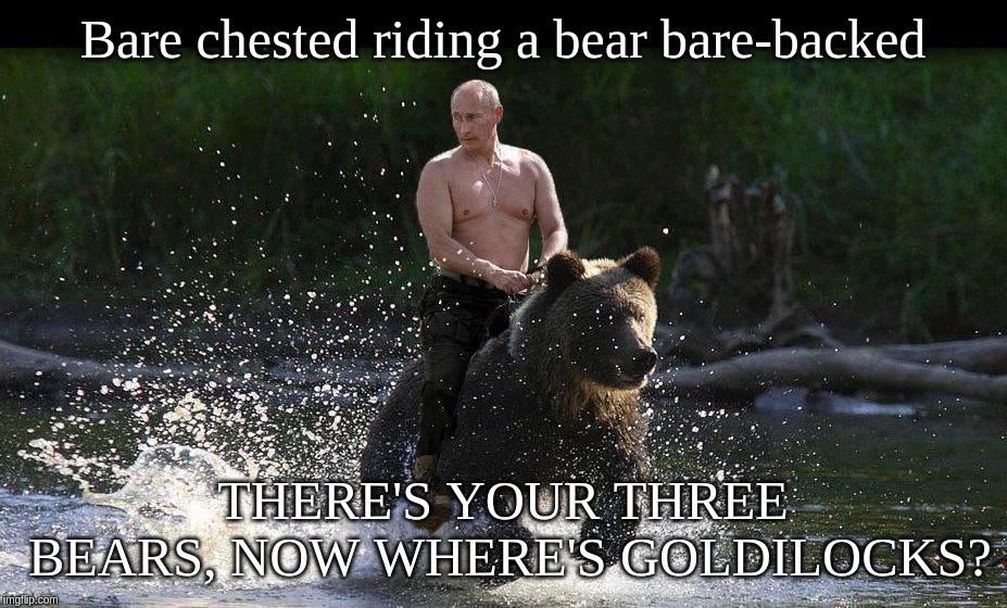 Putin bare chested riding a bear bare-backed | Bare chested riding a bear bare-backed; THERE'S YOUR THREE BEARS, NOW WHERE'S GOLDILOCKS? | image tagged in putin,bear,bare,goldilocks,three,chest | made w/ Imgflip meme maker