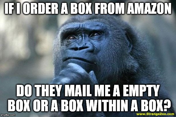 Deep Thoughts | IF I ORDER A BOX FROM AMAZON; DO THEY MAIL ME A EMPTY BOX OR A BOX WITHIN A BOX? | image tagged in deep thoughts | made w/ Imgflip meme maker