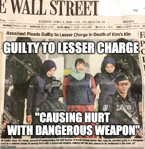 Assassins plee | GUILTY TO LESSER CHARGE; "CAUSING HURT WITH DANGEROUS WEAPON" | image tagged in kim jong un,murder,wall street | made w/ Imgflip meme maker