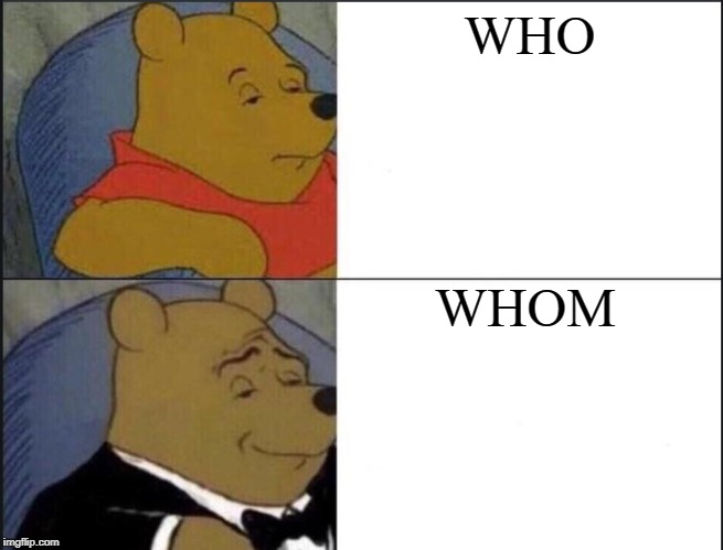 Tuxedo Winnie The Pooh | WHO; WHOM | image tagged in winnie the pooh template | made w/ Imgflip meme maker