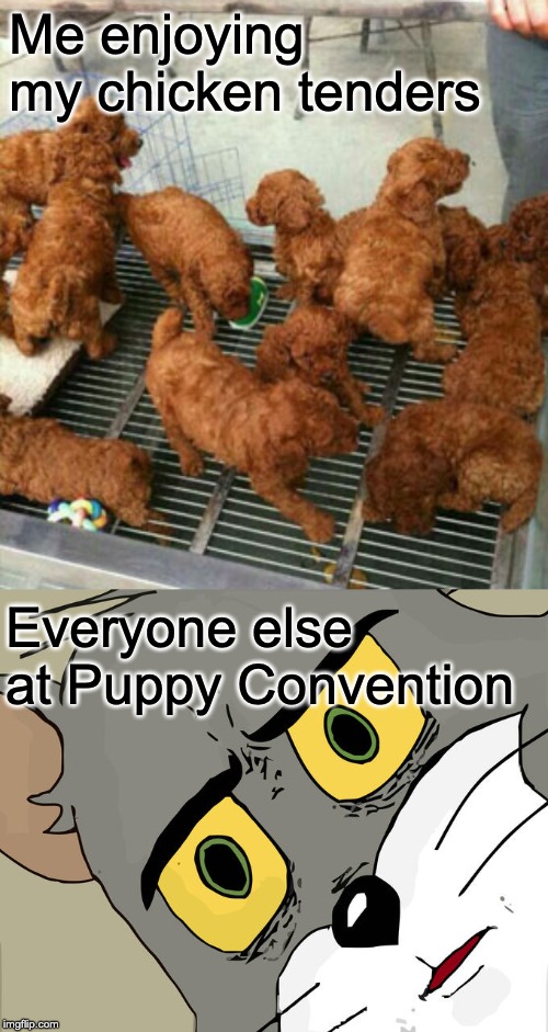 I thought they were free samples | Me enjoying my chicken tenders; Everyone else at Puppy Convention | image tagged in memes,unsettled tom,food | made w/ Imgflip meme maker