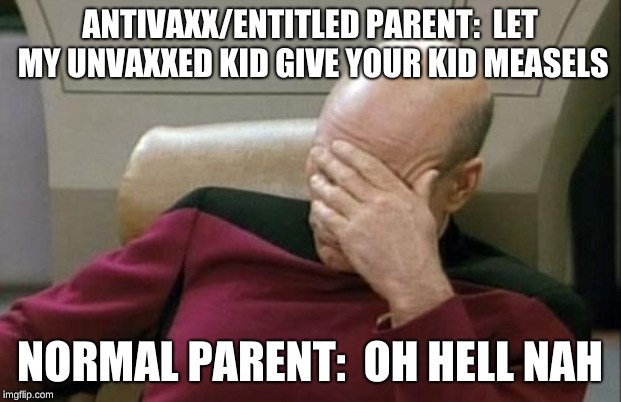 Captain Picard Facepalm Meme | ANTIVAXX/ENTITLED PARENT:  LET MY UNVAXXED KID GIVE YOUR KID MEASELS; NORMAL PARENT:  OH HELL NAH | image tagged in memes,captain picard facepalm | made w/ Imgflip meme maker
