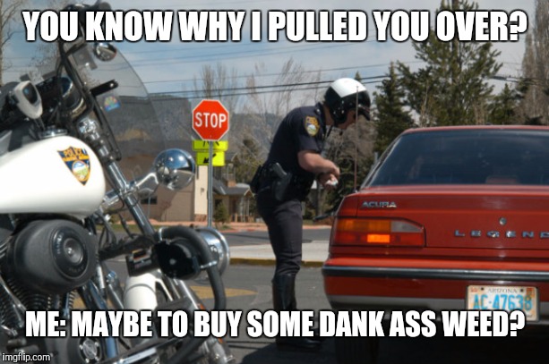Police Pull Over | YOU KNOW WHY I PULLED YOU OVER? ME: MAYBE TO BUY SOME DANK ASS WEED? | image tagged in police pull over | made w/ Imgflip meme maker
