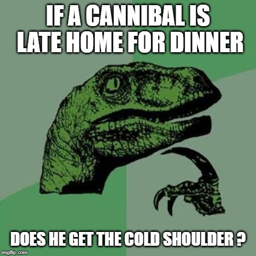 raptor | IF A CANNIBAL IS LATE HOME FOR DINNER DOES HE GET THE COLD SHOULDER ? | image tagged in raptor | made w/ Imgflip meme maker
