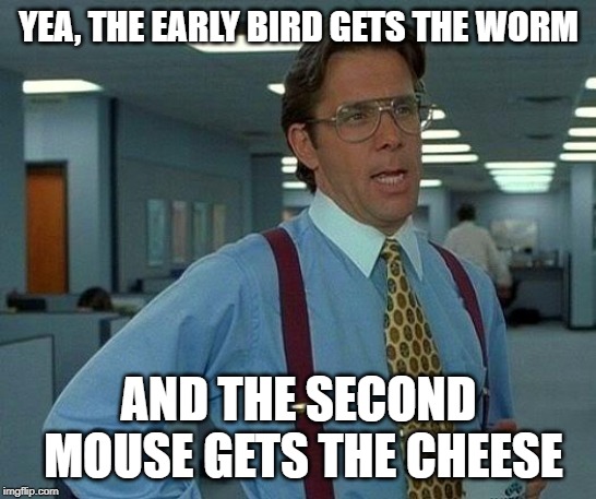 That Would Be Great Meme | YEA, THE EARLY BIRD GETS THE WORM AND THE SECOND MOUSE GETS THE CHEESE | image tagged in memes,that would be great | made w/ Imgflip meme maker